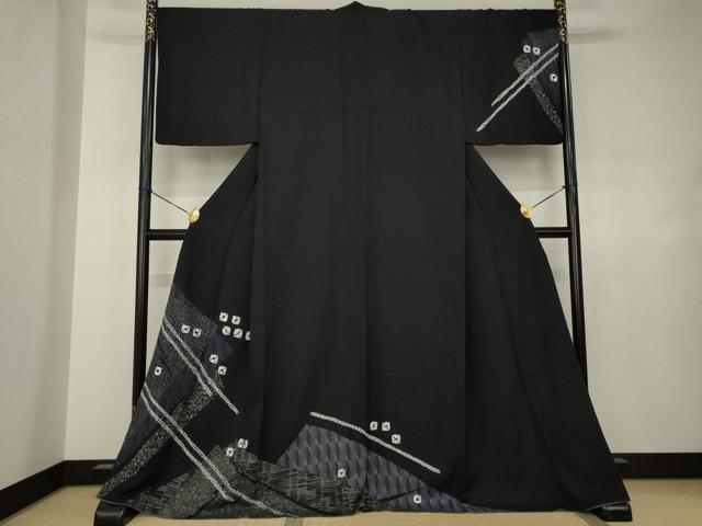 平和屋着物●訪問着　絞り　幾何学文様　黒地　正絹　逸品　AABJ4950ck