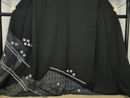 平和屋着物●訪問着　絞り　幾何学文様　黒地　正絹　逸品　AABJ4950ck