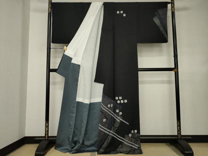 平和屋着物●訪問着　絞り　幾何学文様　黒地　正絹　逸品　AABJ4950ck