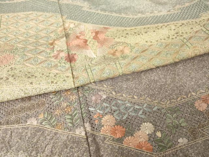 平和屋着物●中国三大刺繍　スワトウ刺繍　汕頭刺繍　本場大島紬　染大島　訪問着　花鳥文　正絹　逸品　AABJ4959ck