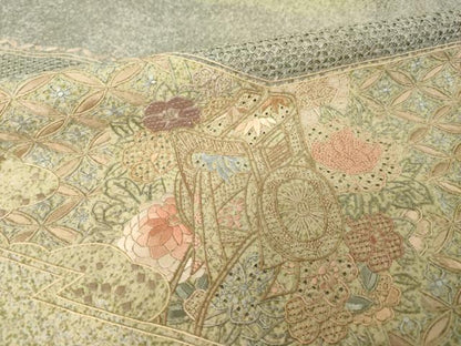 平和屋着物●中国三大刺繍　スワトウ刺繍　汕頭刺繍　本場大島紬　染大島　訪問着　花鳥文　正絹　逸品　AABJ4959ck