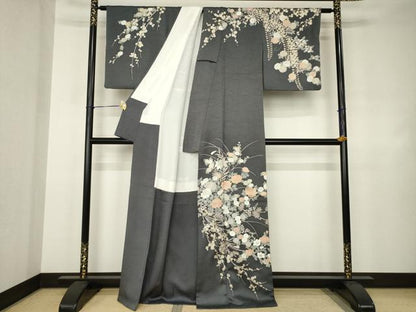 平和屋着物●訪問着　駒刺繍　草花文　金彩　正絹　逸品　AABJ4961ck