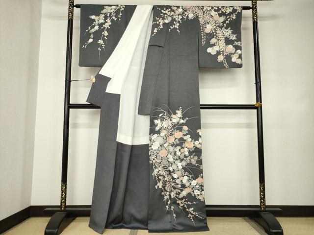 平和屋着物●訪問着　駒刺繍　草花文　金彩　正絹　逸品　AABJ4961ck