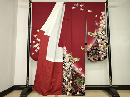 平和屋着物●豪華振袖　駒刺繍　花蝶文　暈し染め　正絹　逸品　AABJ4966ck