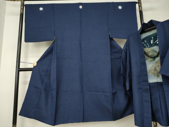 平和屋着物●男性　色紋付　羽織セット　菱地紋　濃藍色　洗える着物　AABJ4973ck