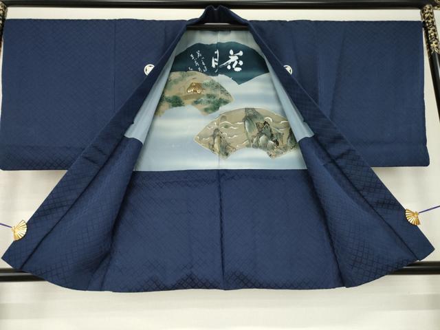 平和屋着物●男性　色紋付　羽織セット　菱地紋　濃藍色　洗える着物　AABJ4973ck