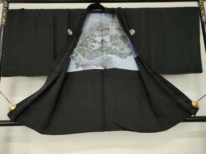 平和屋着物●男性　黒紋付　羽織セット　正絹　逸品　AABJ4977ck