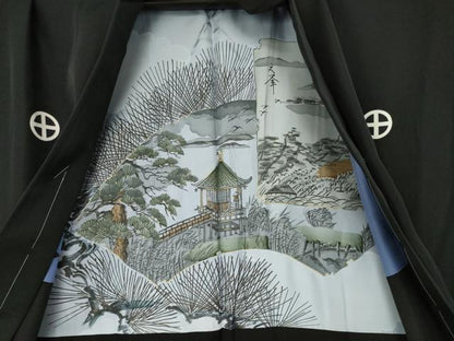 平和屋着物●男性　黒紋付　羽織セット　正絹　逸品　AABJ4977ck