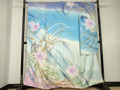 平和屋着物●写真家・秋山庄太郎　振袖　刺繍　薔薇　暈し染め　銀糸　正絹　逸品　AABJ4980ck