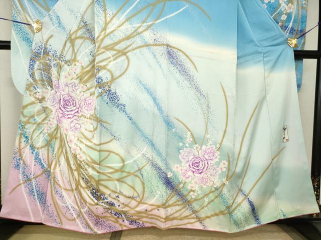 平和屋着物●写真家・秋山庄太郎　振袖　刺繍　薔薇　暈し染め　銀糸　正絹　逸品　AABJ4980ck