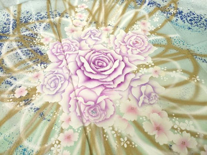 平和屋着物●写真家・秋山庄太郎　振袖　刺繍　薔薇　暈し染め　銀糸　正絹　逸品　AABJ4980ck