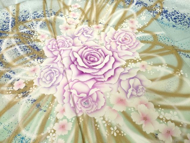 平和屋着物●写真家・秋山庄太郎　振袖　刺繍　薔薇　暈し染め　銀糸　正絹　逸品　AABJ4980ck