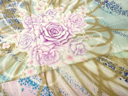平和屋着物●写真家・秋山庄太郎　振袖　刺繍　薔薇　暈し染め　銀糸　正絹　逸品　AABJ4980ck