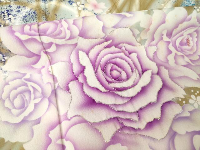 平和屋着物●写真家・秋山庄太郎　振袖　刺繍　薔薇　暈し染め　銀糸　正絹　逸品　AABJ4980ck