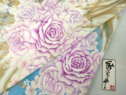 平和屋着物●写真家・秋山庄太郎　振袖　刺繍　薔薇　暈し染め　銀糸　正絹　逸品　AABJ4980ck