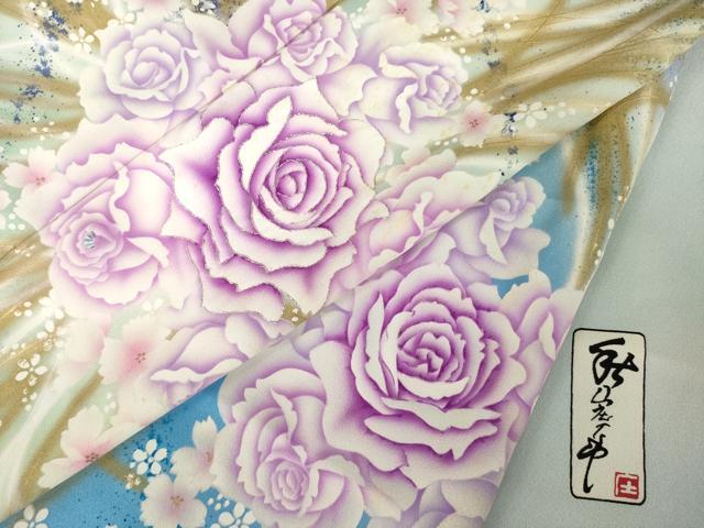 平和屋着物●写真家・秋山庄太郎　振袖　刺繍　薔薇　暈し染め　銀糸　正絹　逸品　AABJ4980ck