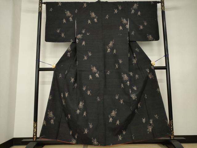 平和屋着物●小千谷紬　人物文　黒地　正絹　逸品　AABJ4989ck