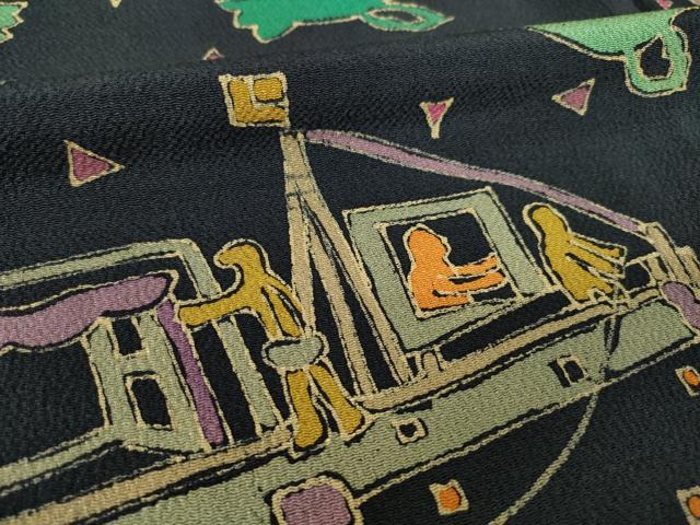 平和屋着物●上質な小紋　漁船　ろうけつ染め　鬼しぼ縮緬　正絹　逸品　AABJ4996ck