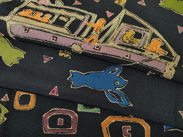 平和屋着物●上質な小紋　漁船　ろうけつ染め　鬼しぼ縮緬　正絹　逸品　AABJ4996ck