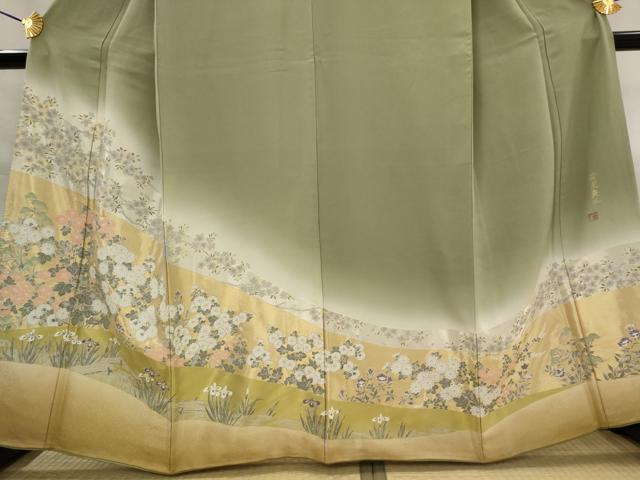 平和屋着物■訪問着　寿光織　作家物　草花文　暈し染め　金糸　正絹　逸品　AABJ5013st