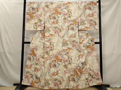 平和屋着物■上質な小紋　扇面花鳥文　金彩　正絹　逸品　AABJ5057st