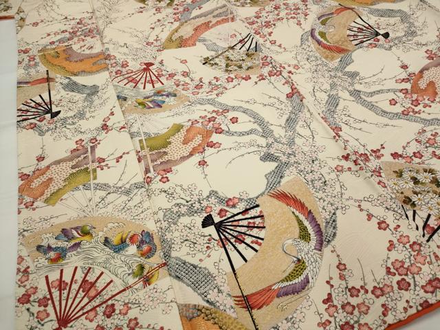 平和屋着物■上質な小紋　扇面花鳥文　金彩　正絹　逸品　AABJ5057st