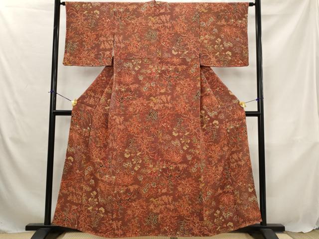 平和屋着物■上質な小紋　草花文　鬼しぼ縮緬　正絹　逸品　AABJ5071st