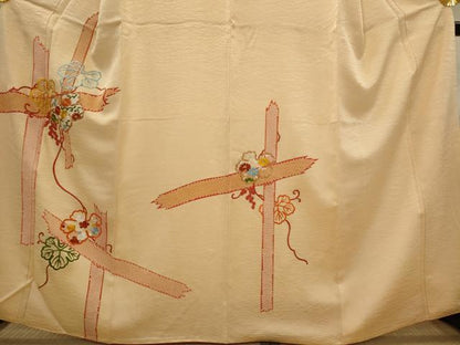 平和屋着物■訪問着　駒刺繍　蔦の葉花文　金糸　正絹　逸品　AABJ5091st