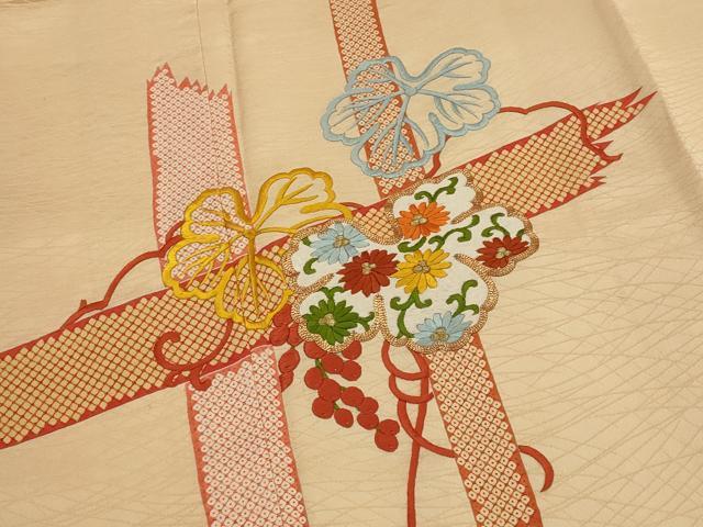 平和屋着物■訪問着　駒刺繍　蔦の葉花文　金糸　正絹　逸品　AABJ5091st
