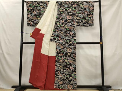 平和屋着物■上質な小紋　型染め　風景花鳥文　黒地　正絹　逸品　AABJ5107st