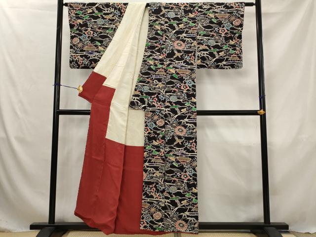 平和屋着物■上質な小紋　型染め　風景花鳥文　黒地　正絹　逸品　AABJ5107st