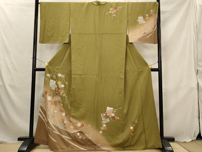 平和屋着物■訪問着　駒刺繍　色紙花文　暈し染め　金彩　正絹　逸品　AABJ5118st