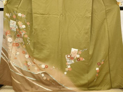 平和屋着物■訪問着　駒刺繍　色紙花文　暈し染め　金彩　正絹　逸品　AABJ5118st