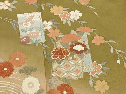 平和屋着物■訪問着　駒刺繍　色紙花文　暈し染め　金彩　正絹　逸品　AABJ5118st