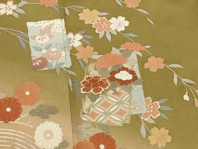 平和屋着物■訪問着　駒刺繍　色紙花文　暈し染め　金彩　正絹　逸品　AABJ5118st