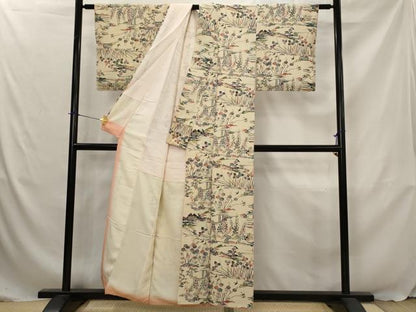 平和屋着物■上質な小紋　型染め　風景花文　正絹　逸品　AABJ5120st