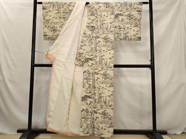 平和屋着物■上質な小紋　型染め　風景花文　正絹　逸品　AABJ5120st