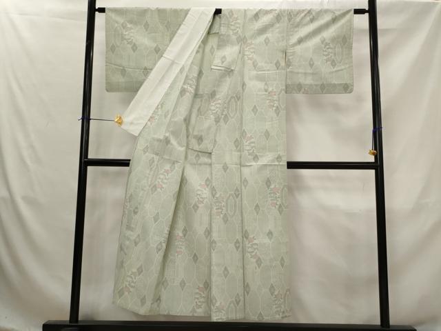 平和屋着物▽上質な紬　単衣　亀甲草花文　正絹　逸品　AABJ5153st