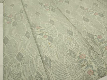 平和屋着物▽上質な紬　単衣　亀甲草花文　正絹　逸品　AABJ5153st