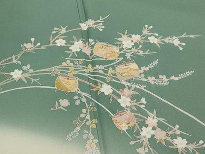平和屋着物▽訪問着　単衣　糸巻花文　暈し染め　金彩　正絹　逸品　AABJ5154st