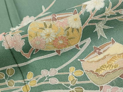 平和屋着物▽訪問着　単衣　糸巻花文　暈し染め　金彩　正絹　逸品　AABJ5154st