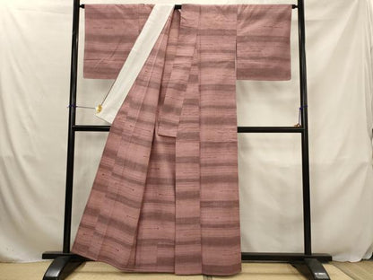 平和屋着物▽上質な紬　単衣　刺繍　横段文　正絹　逸品　AABJ5155st