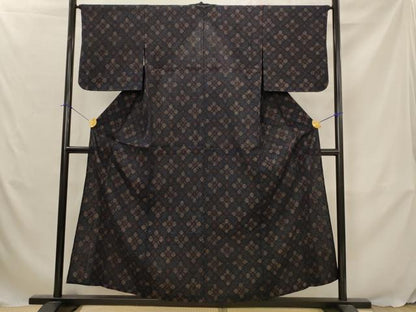 平和屋着物▽結城ちぢみ　単衣　花菱文　正絹　逸品　AABJ5158st
