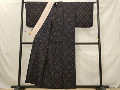 平和屋着物▽結城ちぢみ　単衣　花菱文　正絹　逸品　AABJ5158st