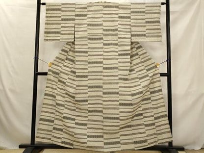 平和屋着物▽本塩沢　単衣　横段文　正絹　逸品　AABJ5159st