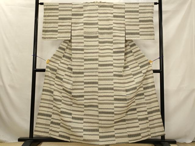 平和屋着物▽本塩沢　単衣　横段文　正絹　逸品　AABJ5159st