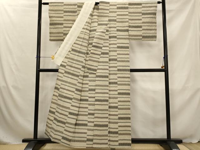 平和屋着物▽本塩沢　単衣　横段文　正絹　逸品　AABJ5159st