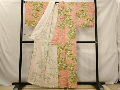 平和屋着物▽上質な小紋　単衣　草花文　金彩　正絹　逸品　AABJ5163st