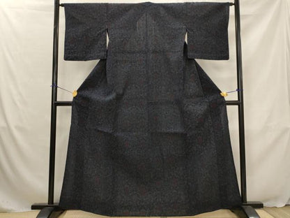 平和屋着物▽結城ちぢみ　単衣　更紗花文　正絹　逸品　AABJ5172st