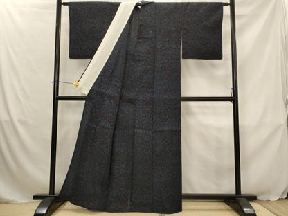 平和屋着物▽結城ちぢみ　単衣　更紗花文　正絹　逸品　AABJ5172st